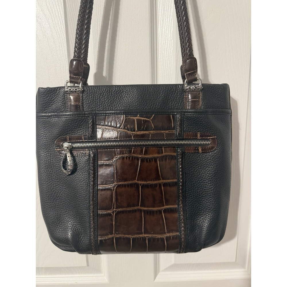 Brighton Crocodile Embossed Black Brown Leather Shoulder Bag Braided Handles